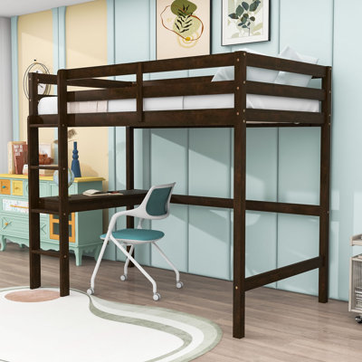Twin Wood Loft Bed With Guardrail And Built-In Desk