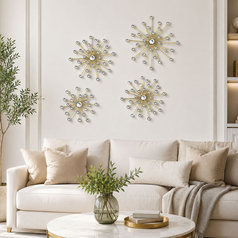 Ensemble de 4 pièces d'art mural étoile en métal doré, décorations en strass