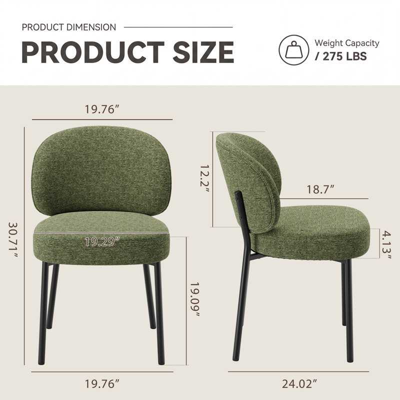 Chaises de salle à manger rembourrées de 49 cm de large avec dossier incurvé ergonomique, Vert