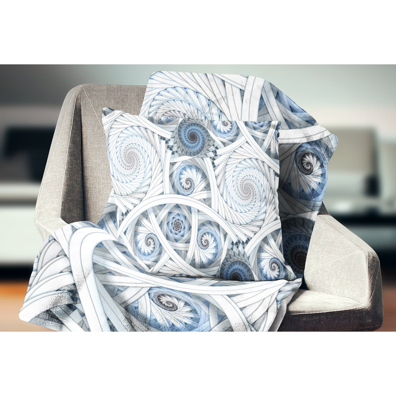 Spirale blanche avec art fractal bleu - coussin imprimé abstrait, 18 po x 18 po, Carré