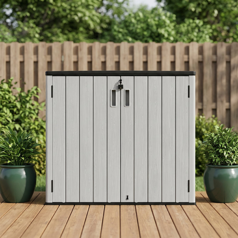 Remise de rangement horizontale en résine de 37 pieds cubes, armoire verrouillable et imperméable pour outils de jardin et patio