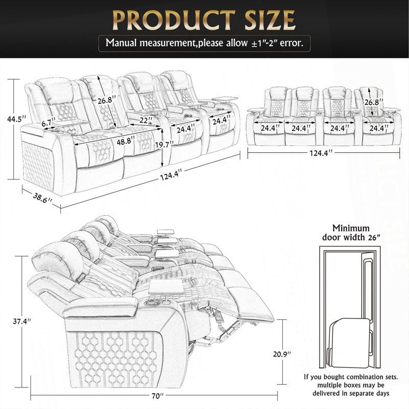 124.4"Power Recliner 4 PC Made Withtop-Grain Nappa,Fully Adjustable Relaxation,Smart Charging,Dynamic RGB LED Lighting