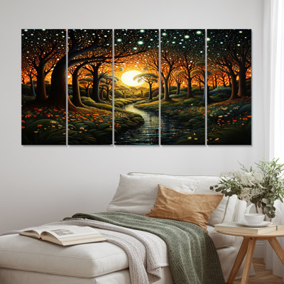 Brown Enchanted Forest Pointillism - Landscapes Wall Art Living Room - 5 Equal Panels