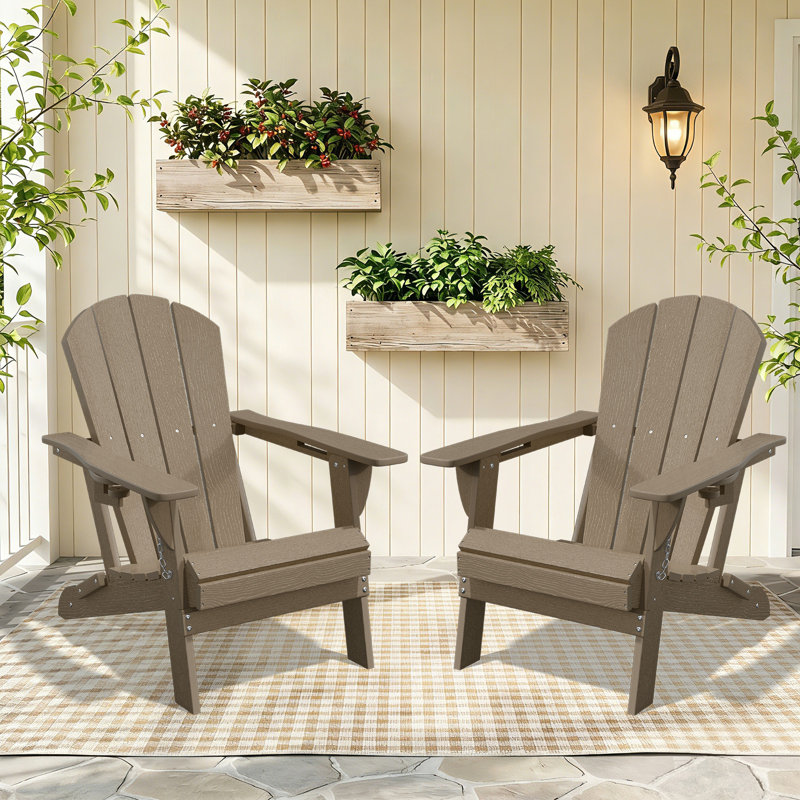 HDPE All-Weather Foldable Adirondack Chair with Cup Holder (Set Of 2,Brown), Set Of 2, Brown