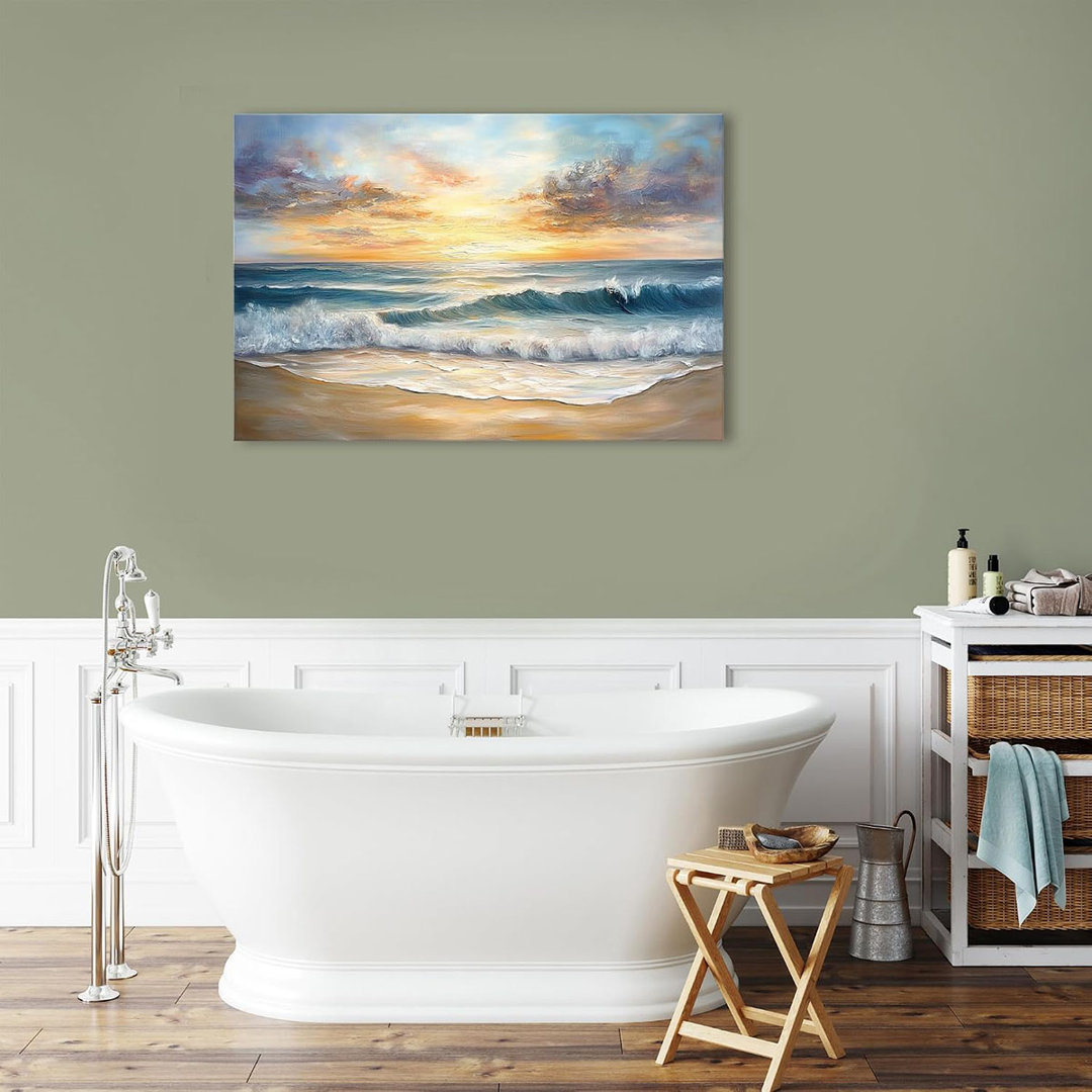 Sunset Ocean Canvas Wall Art Beach Bathroom Decor Nature Ocean Waves Landscape Pictures Coastal Scenery Canvas Prints Painting Seascape Artwork Office