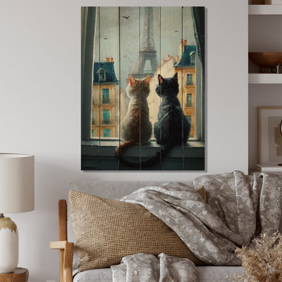 Two Cats In Paris II - Animals Cat Print on Wood