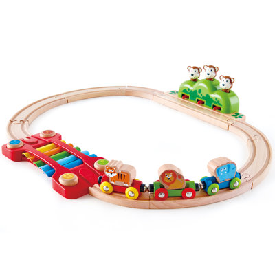 Hape: Music & Monkeys Rail - ensemble de train en bois 19 pièces, jouet musical sur le thème de la jungle, piste de mélodie de xylophone, couleurs vives, tout-petits et enfants de 18 mois et plus