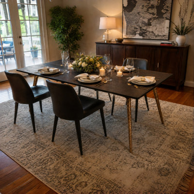 Table de salle à manger rectangulaire en bois massif de 183 cm x 91 cm avec dessus texturé et pieds couleur or champagne, pour 6 à 8 personnes.
