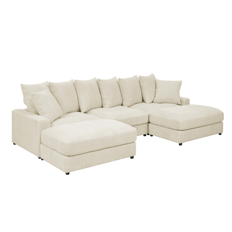 Reversible Modular Corner Sectional With Ottoman, Ivory Corduroy