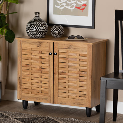 Jovia 2-Door Wooden Shoe Cabinet in Oak Brown Finish, 25.98'' H X 29.57'' W X 12.6'' D