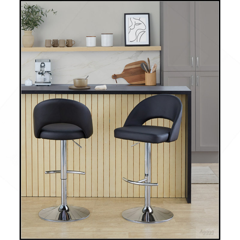 Tabouret de bar réglable avec pivot en métal chromé et similicuir noir avec repose-pieds rond en T - ensemble de 2, Noir