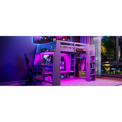 Lit mezzanine double en bois gris pour jouer avec bureau, tablettes de rangement, DEL et support suspendu. Convient à un aménagement de chambre à coucher «Teens». Unités de structure robustes et durables, permettant d'économiser de l'espace
