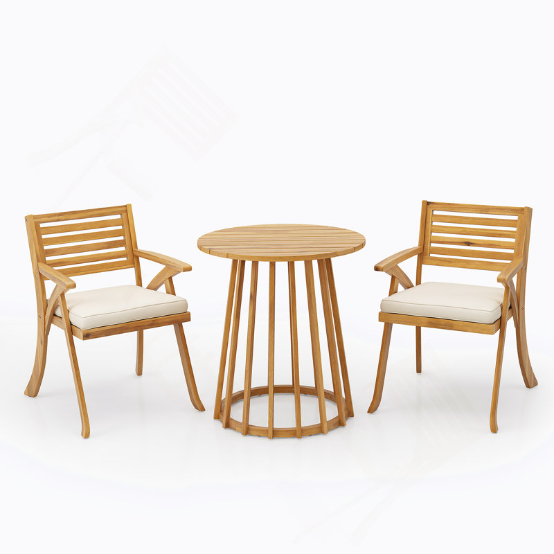 Ensemble repas d'extérieur 3 pièces en bois d'acacia avec coussins, teck