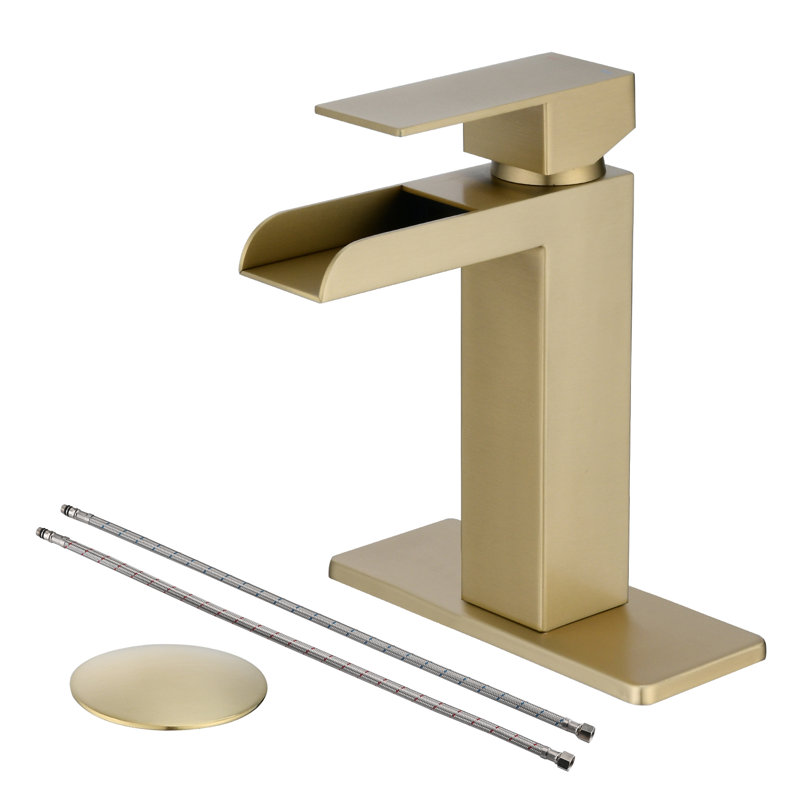 Geometric Waterfall Bathroom Faucet, Single Handle Single Hole Vanity Sink Faucet with Open Channel Spout, Brushed Gold