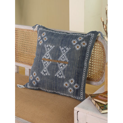 Blue Embroidered Boho Throw Pillow Cover 20X20"