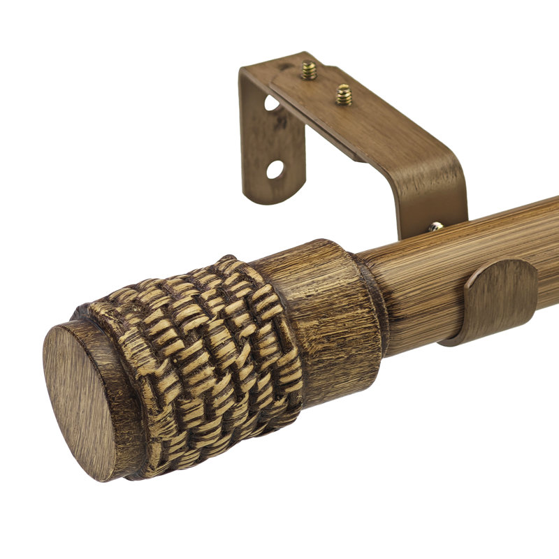 Tringle à rideaux simple réglable avec fleuron en rotin tissé et bambou, 37" - 72"