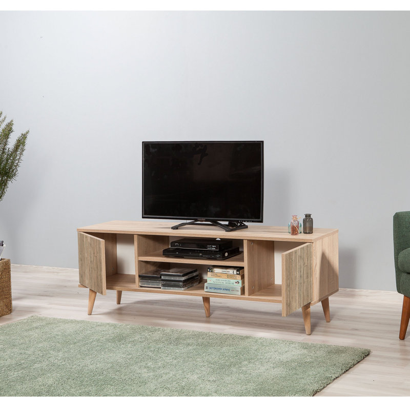 Scandinavian TV Stand, Sonoma Oak, 55.1 x 19.7 x 15.7 inches | 100% Melamine Coated Particle Board, 0.7 inches Thick | Hornbeam Legs, UV Coating, Wall-Mountable, Multiple Shelves for Extra Storage, Stylish & Functional Design