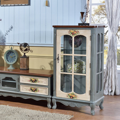 Bleu + blanc + bois massif brun-noix + vitrines