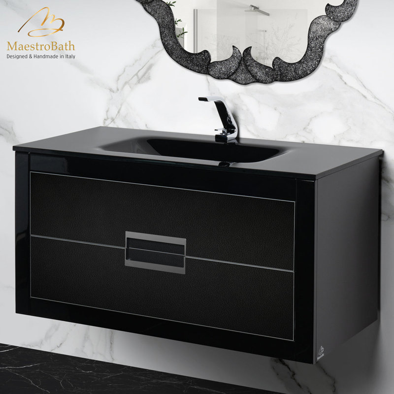 Meuble-lavabo moderne 40 po Danya, plateau en verre intégré, Noir, noir, noir, noir, Argent argent, Noir, noir, noir, noir