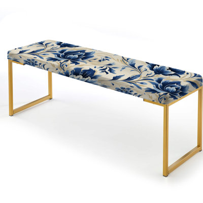 Blue Victorian Ikat Floral Harmony - Floral Upholstered Gold Bench