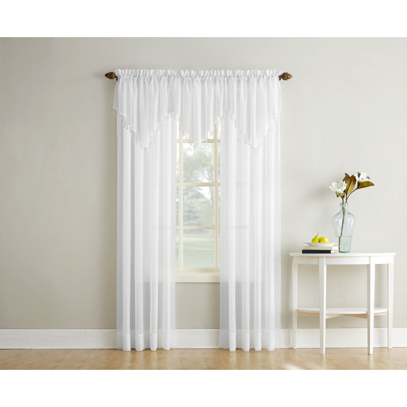 Mardis Beaded Tassels Crushed Sheer Voile Ascot Window Valance, White