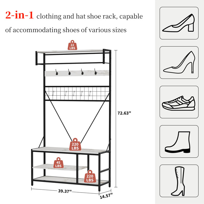 5-In-1 Hall Tree With Bench And Shoe Storage, Coat Rack With Shoe Bench, Adjustable Shelf, Hanging Rod And 9 Hooks, Entryway Coat And Shoe Rack For Hallway, Mudroom, Bedroom, Charred Wood Finish