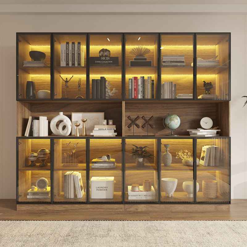 94.5 '' W Combination Bookcase With Glass Doors，display Cabin With Led Lights, Brown