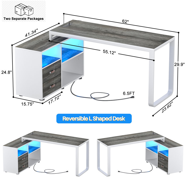  62" L Shaped Computer Desk with File Drawer, LED Lights, Gray/White