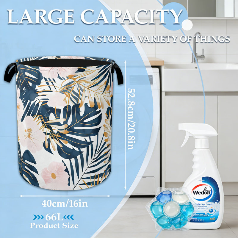 Collapsible Laundry Hamper Basket With Palm Leaves Design, Large Capacity Storage Bin For Clothes, Toys, And Home Organization