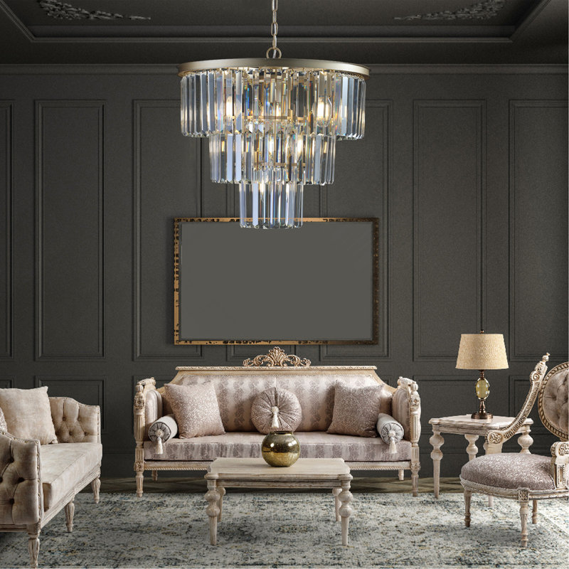 Lustre en cristal de luxe à 3 niveaux de 20 po, luminaire suspendu 7 lumières à cadre doré, éclairage de plafond élégant pour le salon, la salle à manger et la chambre à coucher