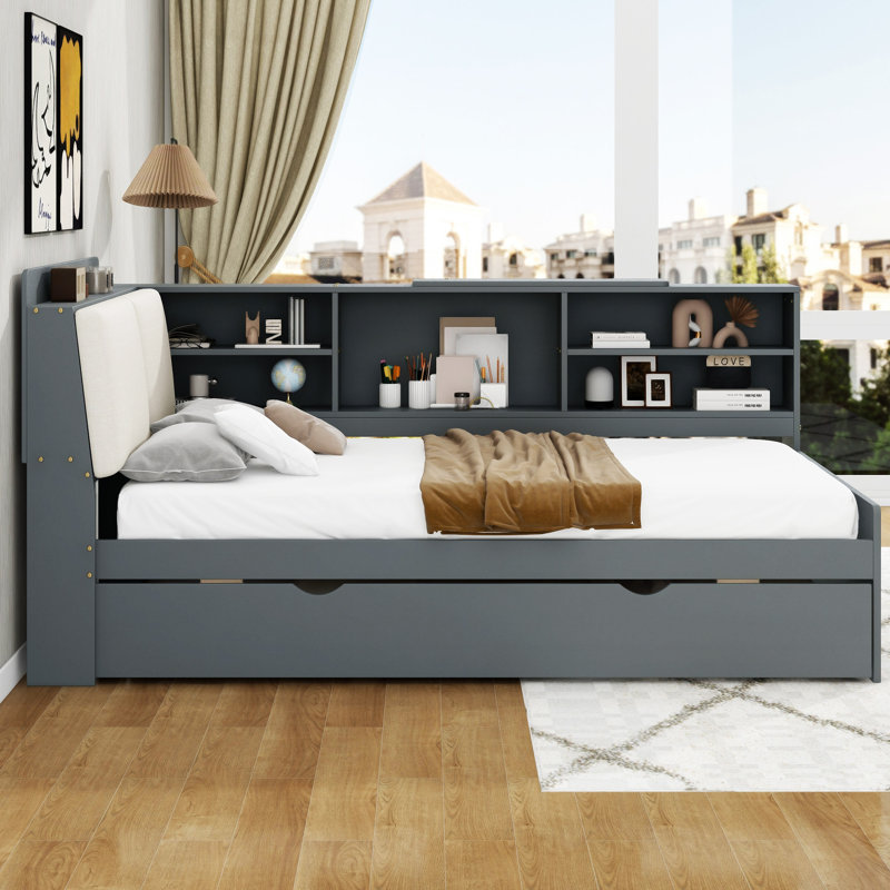 Lit plateforme en bois avec lit gigogne, Gris, Lit simple