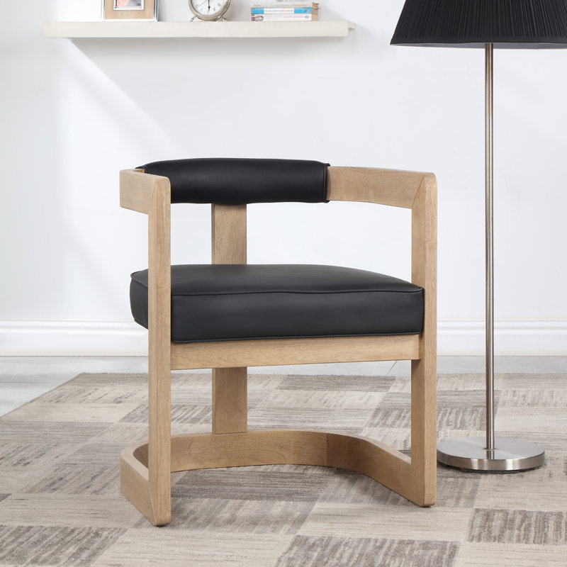 19.3'' H Upholstered Armchair, Black Vegan Leather, Natural Wire Brush