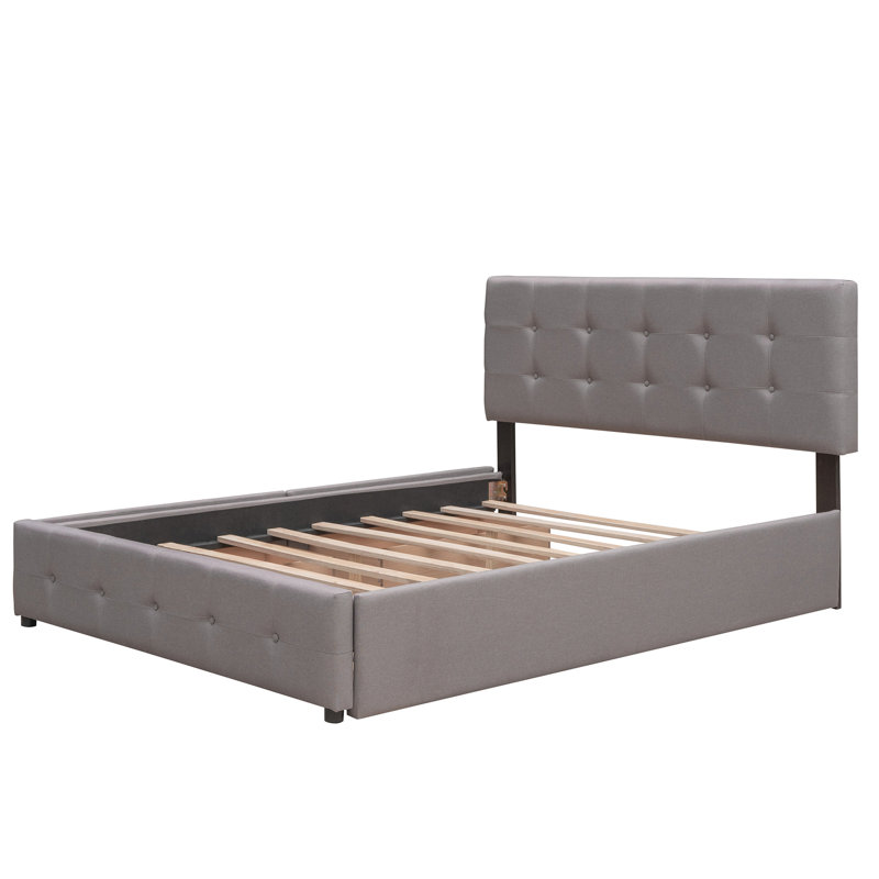 Upholstered Platform Bed With 2 Drawers And Twin Xl Trundle In Delicate Gray Storage- &, Full, Light Gray