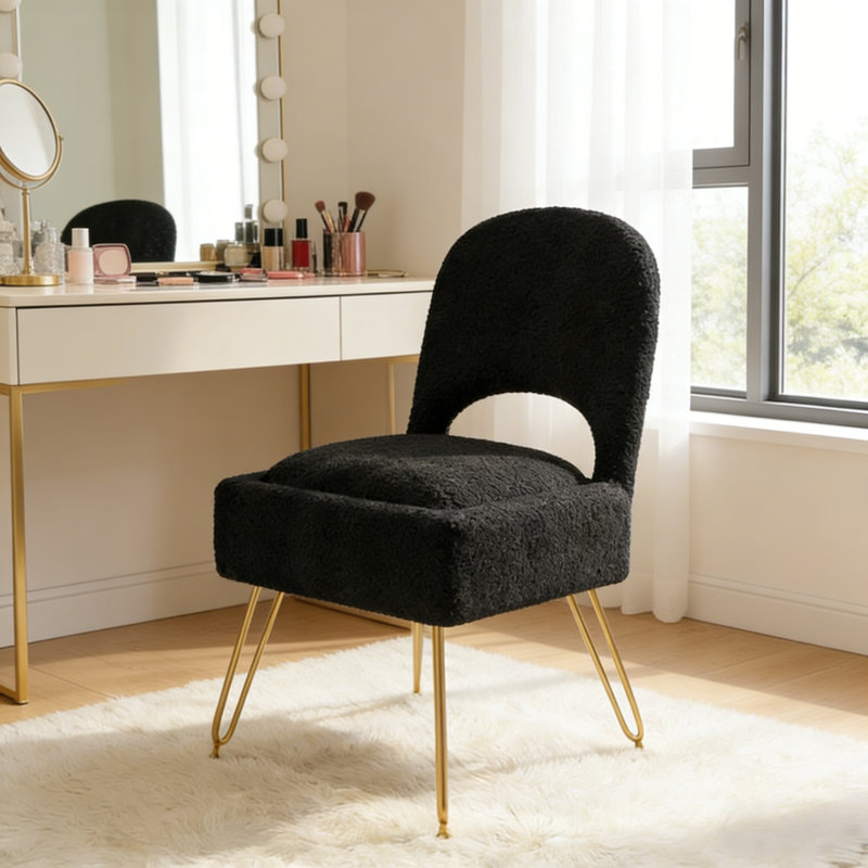 Modern Upholstered Teddy Accent Chair, Vanity Chair with Storage Box, Foldable Backrest，footstool, Black