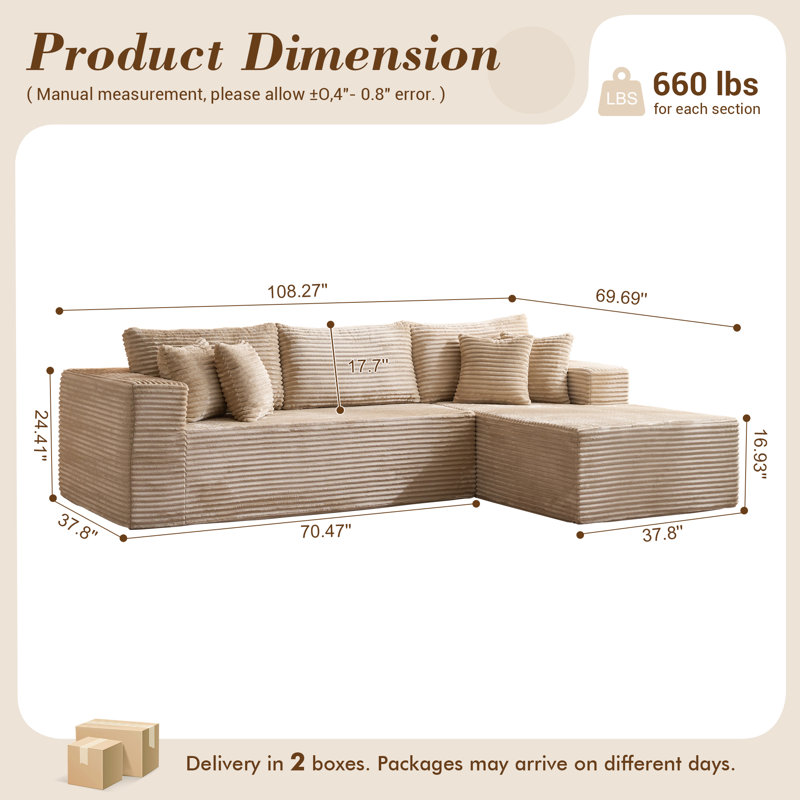 Aucun assemblage de canapé modulaire rembourré 2 pièces rembourré à compression, Orienté à droite, Velours côtelé beige
