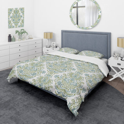 Green And White Damask - Patterned Duvet Cover Set