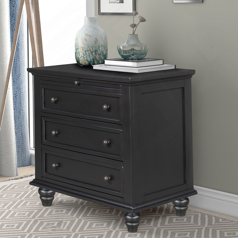 3-Drawer Storage Wood Cabinet, End Table with Pull out Tray, Black