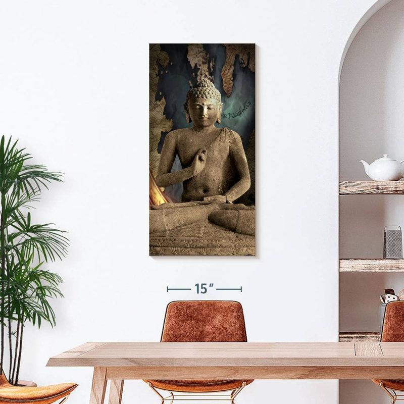 Ancienne impression sur toile Bouddha en pierre, H 42 po x l 21 po x P 1,25 po