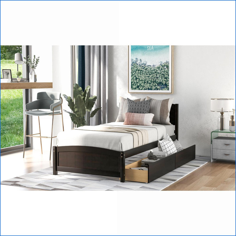 Lit plateforme simple en pin avec deux tiroirs, espresso - aucun sommier nécessaire, Espresso