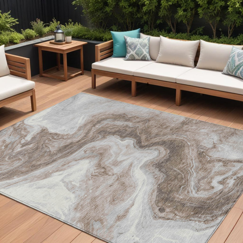 Tapis extérieur lavable abstrait taupe et argent 8 pi x 10 pi
