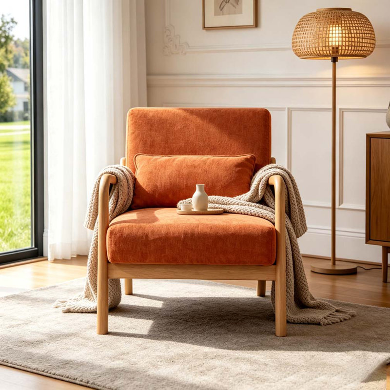 Fauteuil moderne, fauteuil d'appoint avec structure en bois massif, Orange