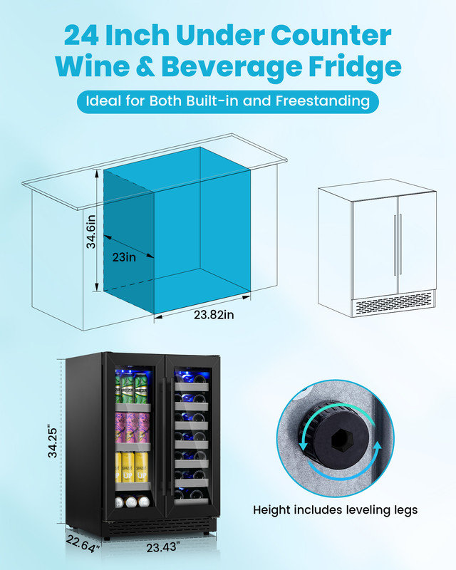 24 Inch Black Wine & Beverage Refrigerator, Dual Zone Freestanding /Built In Beverage Fridge with Stainless Steel Shelves /LED light, Under Counter Wine Fridge Holds 20 Bottles & 88 Cans