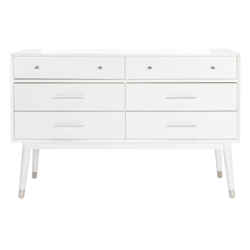 Commode double 6 tiroirs Samuel, Blanc/argenté
