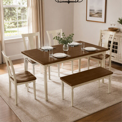 Ensemble de salle à manger classique 6 pièces avec table en bois, 4 chaises et un banc, pour la cuisine et la salle à manger