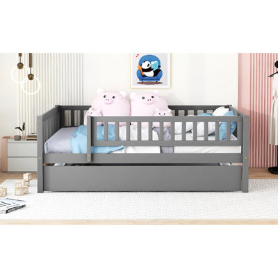 Gray Full Size Daybed With Trundle And Fence Guardrails - Create A Comfortable Sleeping Space Wood Provide Stylish Practical Bedroom Furniture