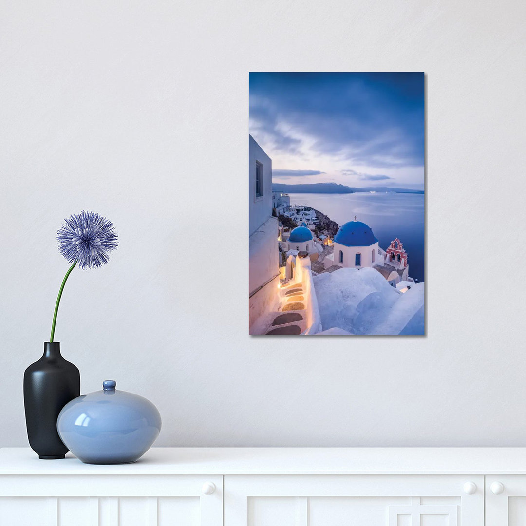 Town Of Oia At Dusk, Santorini, Greece by Jan Becke - Wrapped Canvas Print