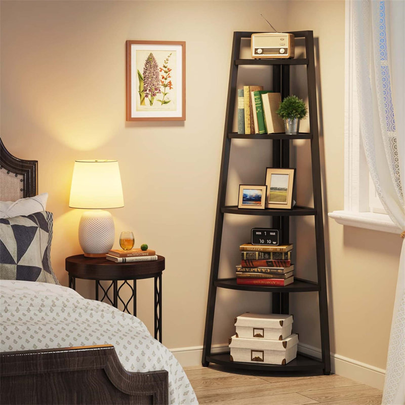 70 Inch Tall 5-Tier Rustic Corner Shelf, Industrial Bookcase With Large Storage Capacity For Home And Office