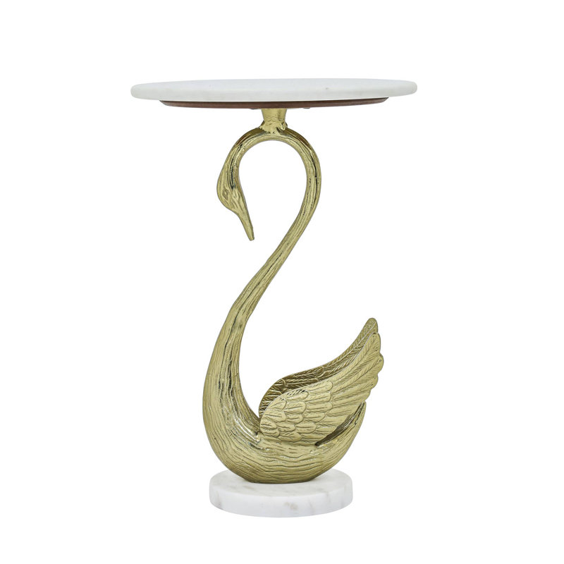Swan Side Table with White Marble Top | Decorative Sculptural End Table | Aluminum Base | Gold Accent Table for Living Room | 16x16x23.75"