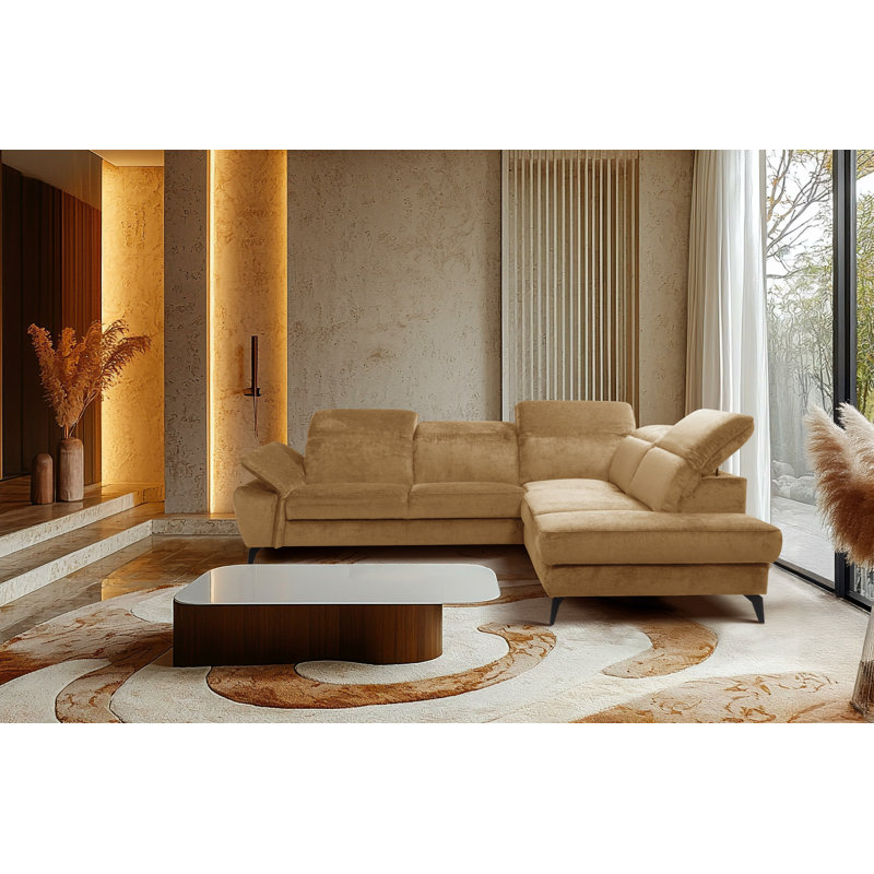 Bellagio Fabric Corner Sofa with Pull-Out Bed, Storage, Adjustable Headrests and Armrest, Yellow, Right Hand Facing