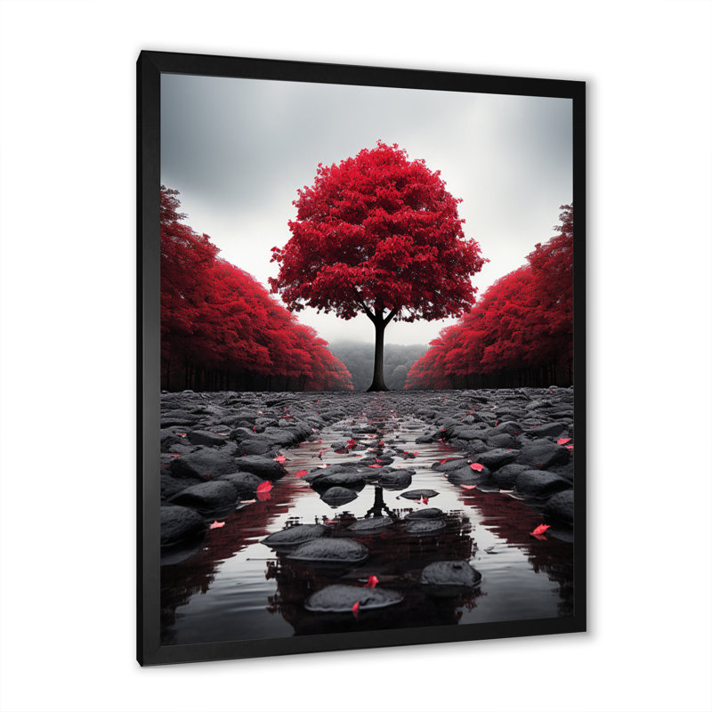 Rouge et gris forêt sérénité - art mural forêt, H 40 po x l 30 po x P 1,5 po, Cadre simple noir